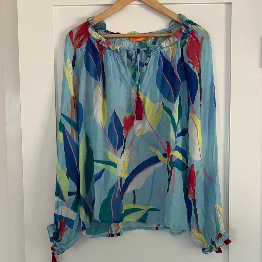 Oliphant Floral cotton/silk peasant smocked neck top w/ tassels size Medium